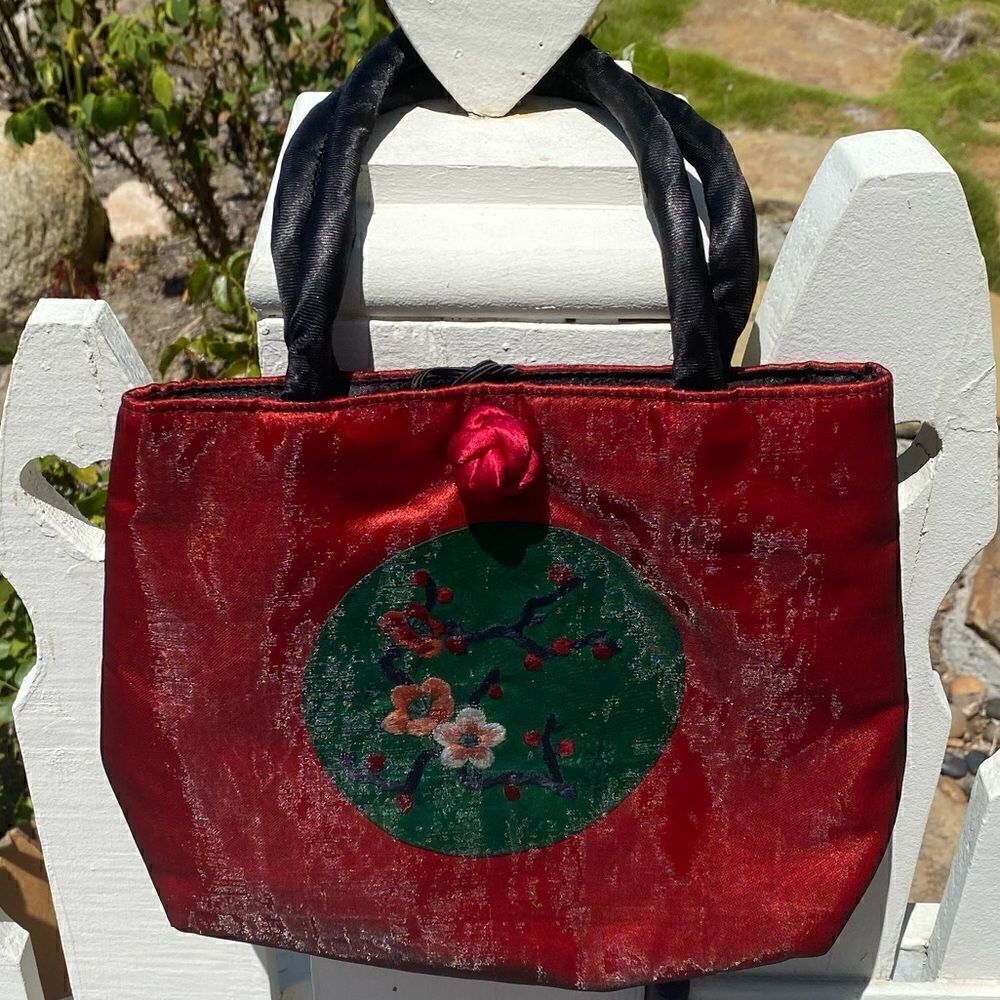 SMALL TOTE BAG/PURSE red w/black netting overlay. Cherry Blossom print. EUC!